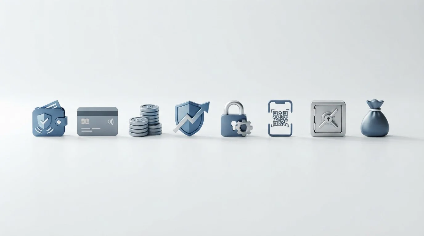Iconos estilizados de monederos digitales y símbolos bancarios en composición horizontal