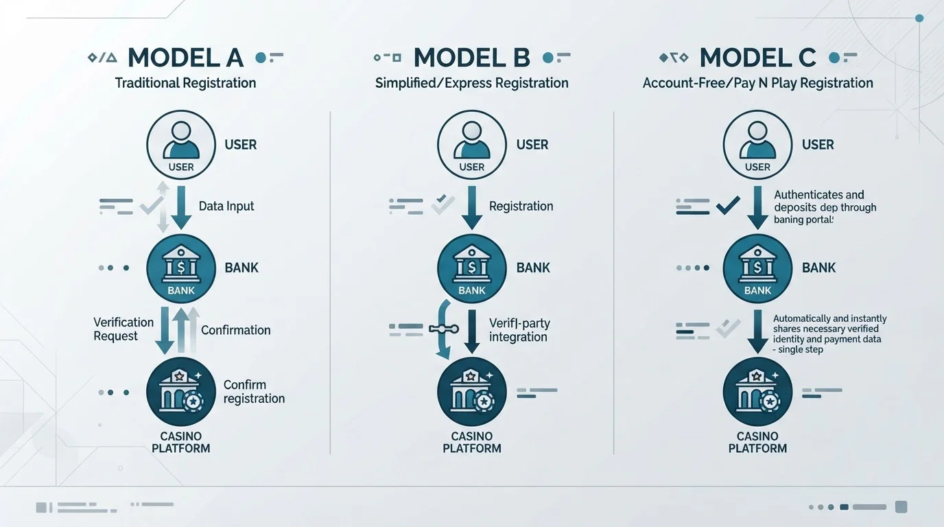 Diagrama comparativo de tres modelos de casino sin cuenta con niveles de verificación