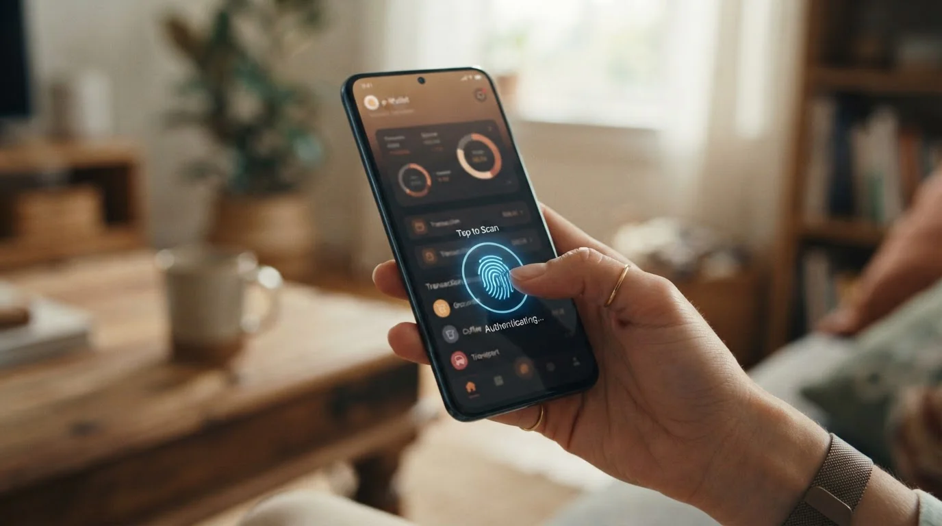 Mano sosteniendo teléfono inteligente con app de e-wallet y autenticación biométrica