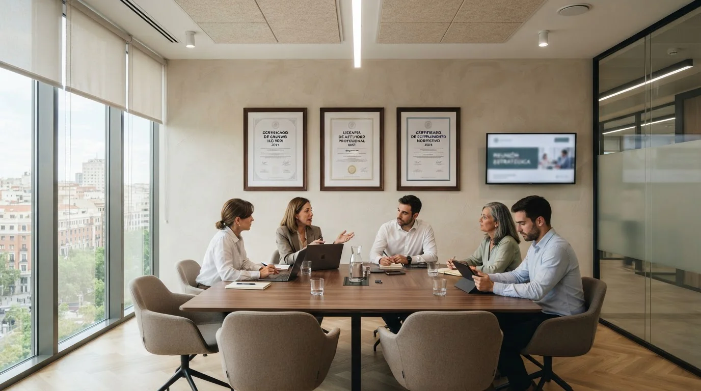 Sala de reuniones con tres certificados genéricos enmarcados