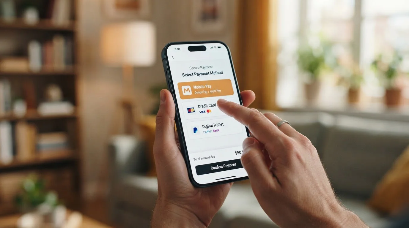 Teléfono inteligente mostrando interfaz de pago móvil en casino online con opciones de métodos de pago