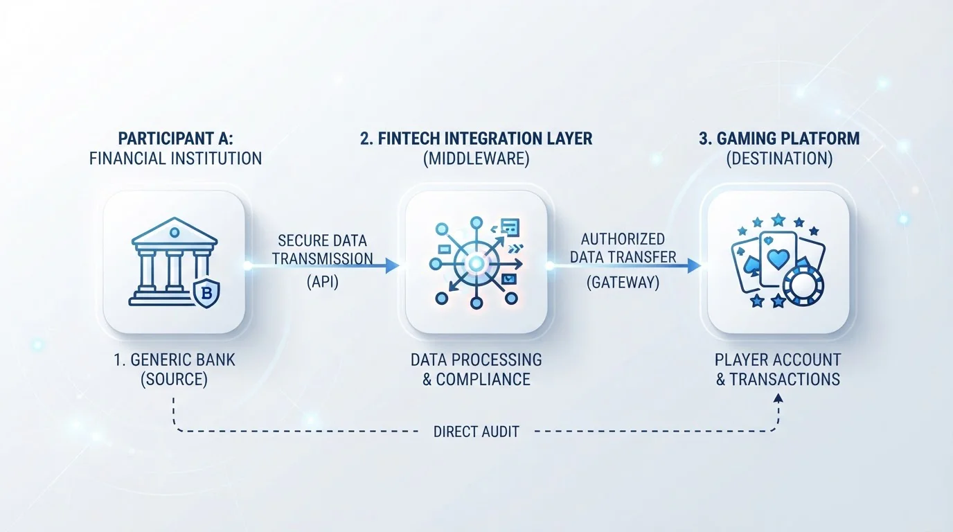 Flujo técnico Pay N Play mostrando conexión entre banco, Trustly y casino