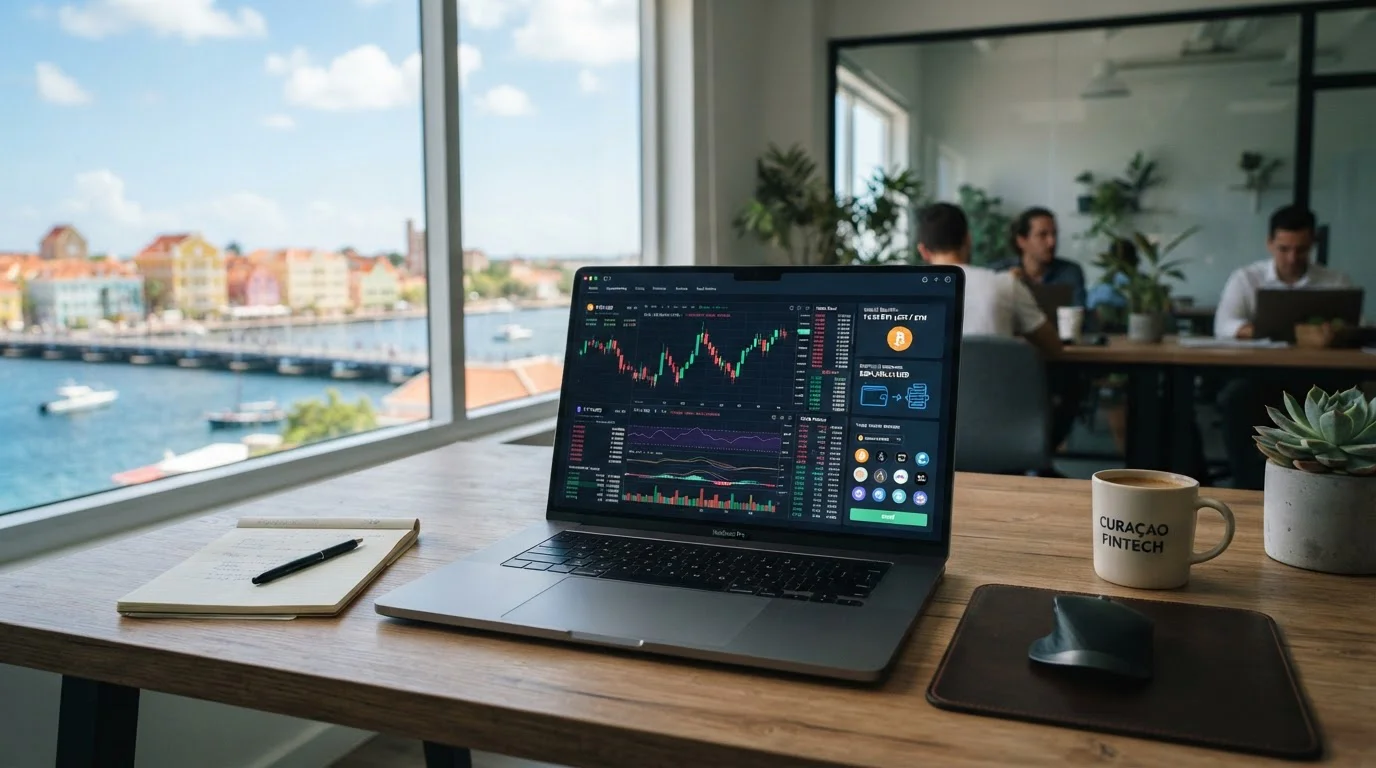 Laptop mostrando interfaz de exchange cripto con vista tropical de fondo