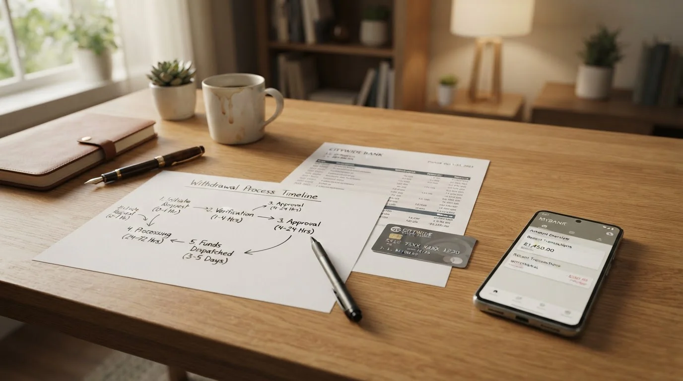 Escritorio con diagrama de plazos de retirada, tarjeta y extracto bancario