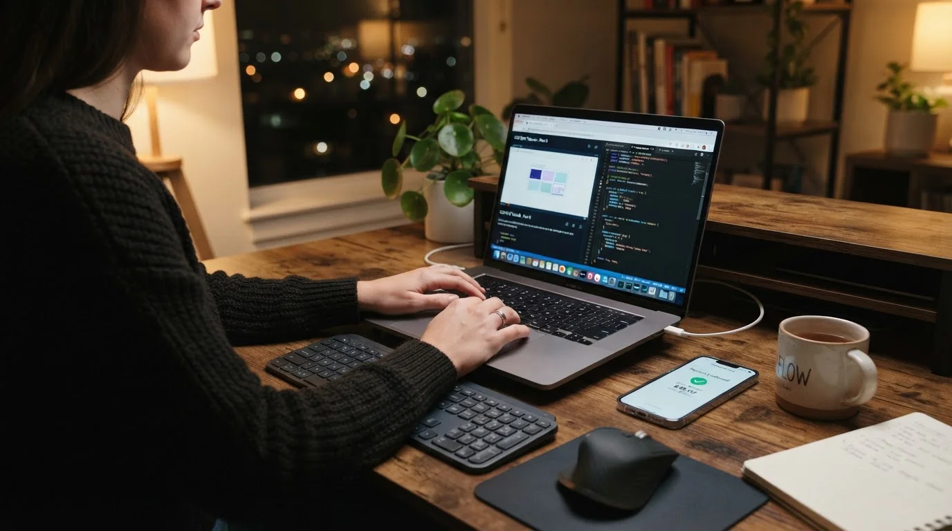 Persona en escritorio siguiendo tutorial en portátil con teléfono inteligente al lado