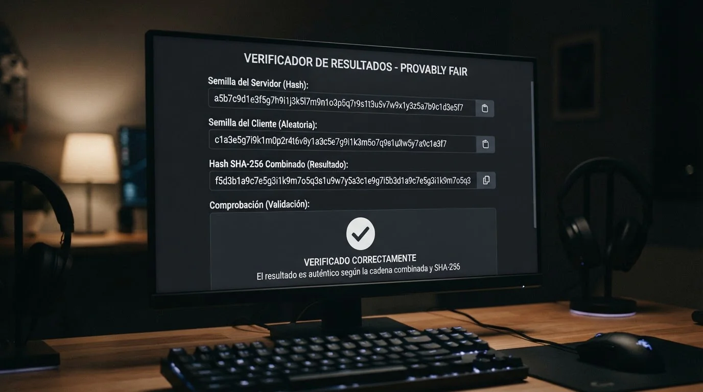 Pantalla ilustrativa de verificación de un resultado de juego mediante un hash SHA-256