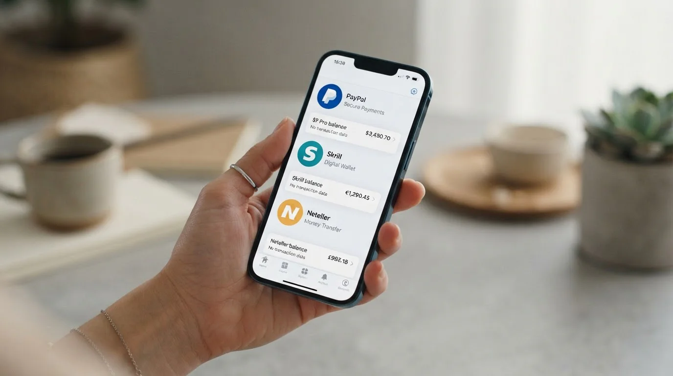 Persona utilizando teléfono inteligente con monederos electrónicos PayPal Skrill Neteller en pantalla