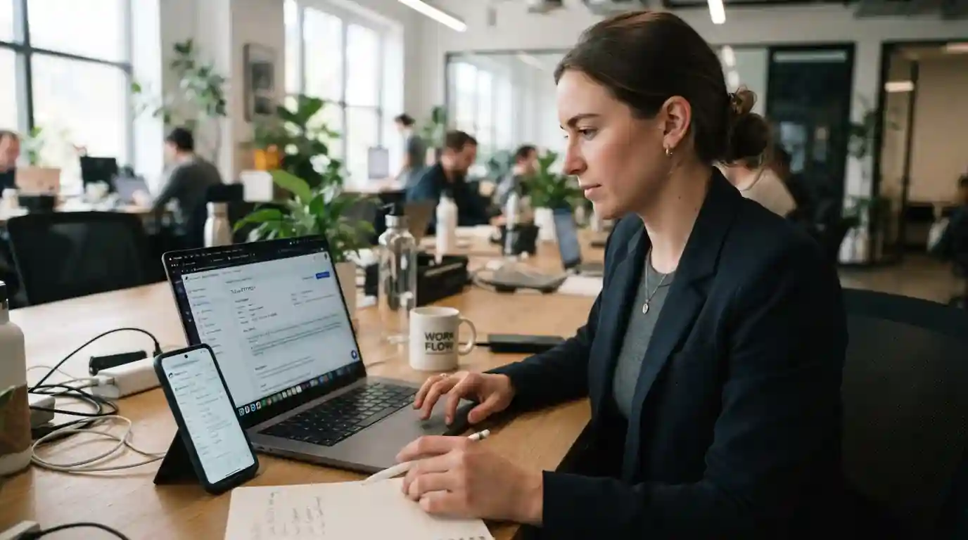 Persona en escritorio revisando ticket de soporte con pantalla mostrando transacción blockchain
