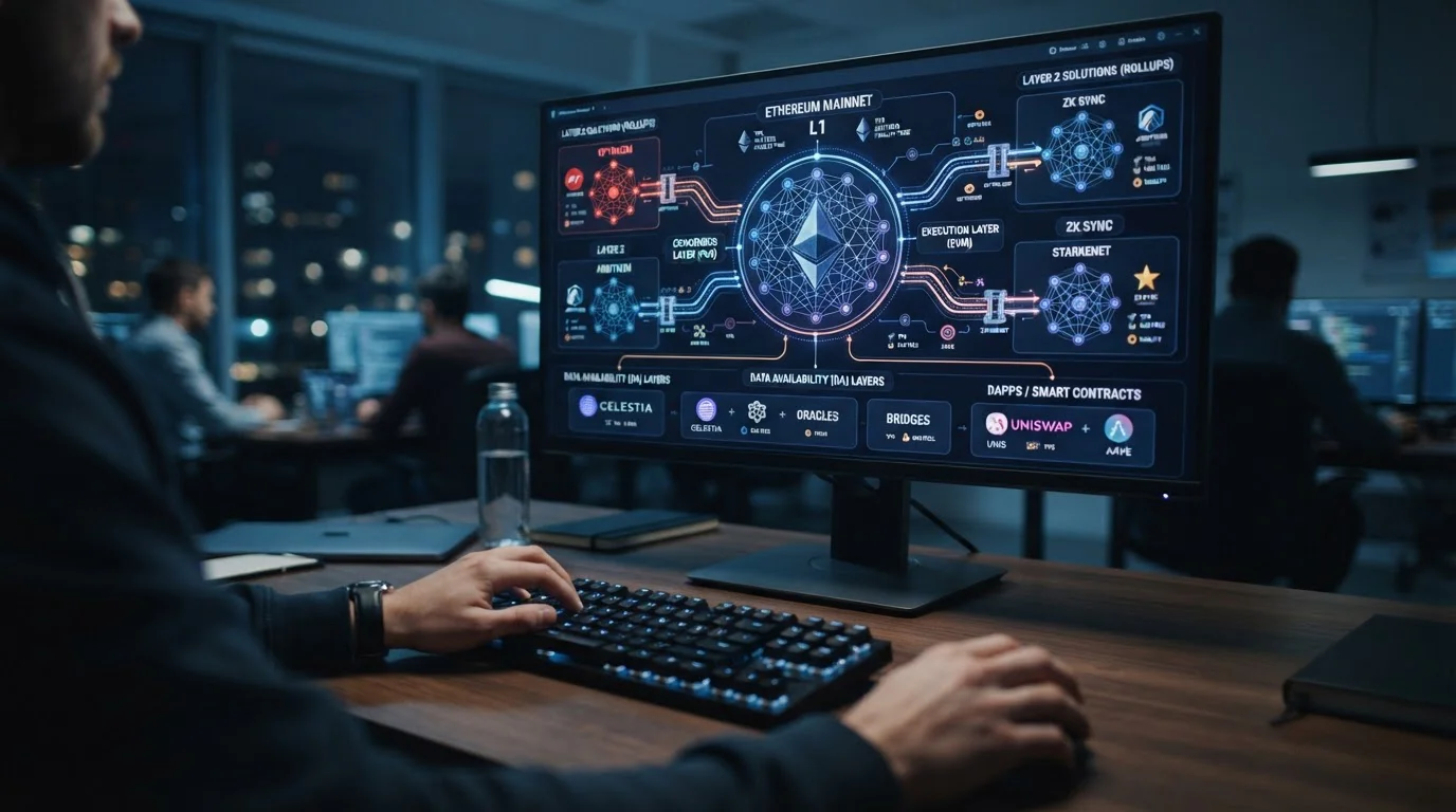 Monitor mostrando arquitectura redes Ethereum mainnet y Layer 2 con manos en teclado