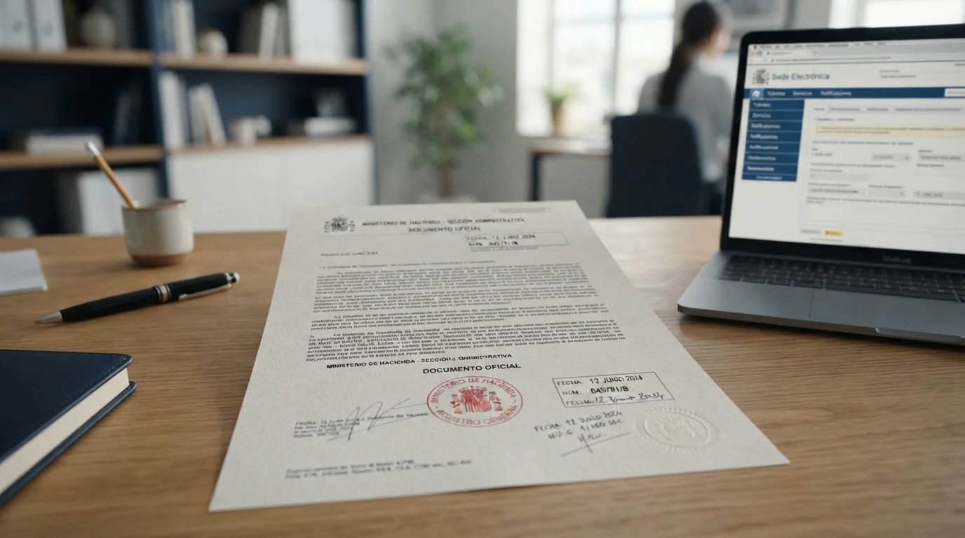 Ilustración de documentación legal junto a un portátil con una web institucional genérica