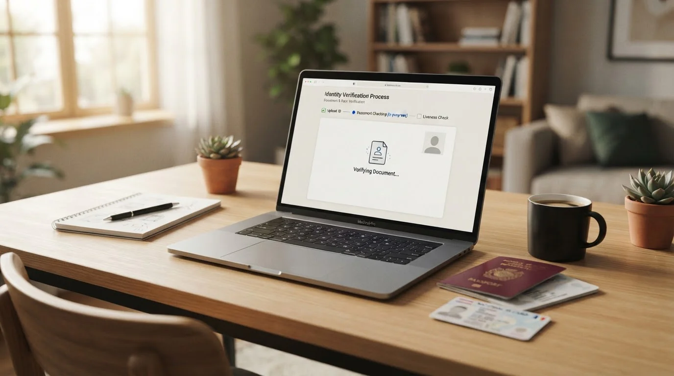 Escritorio con documentos de identidad genéricos junto a portátil mostrando interfaz de verificación neutral