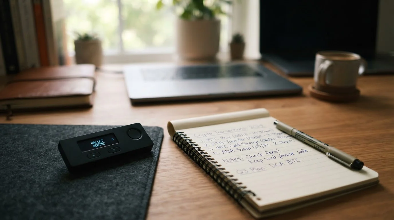 Hardware wallet cripto sobre escritorio con notas manuscritas de tiempos de transacción