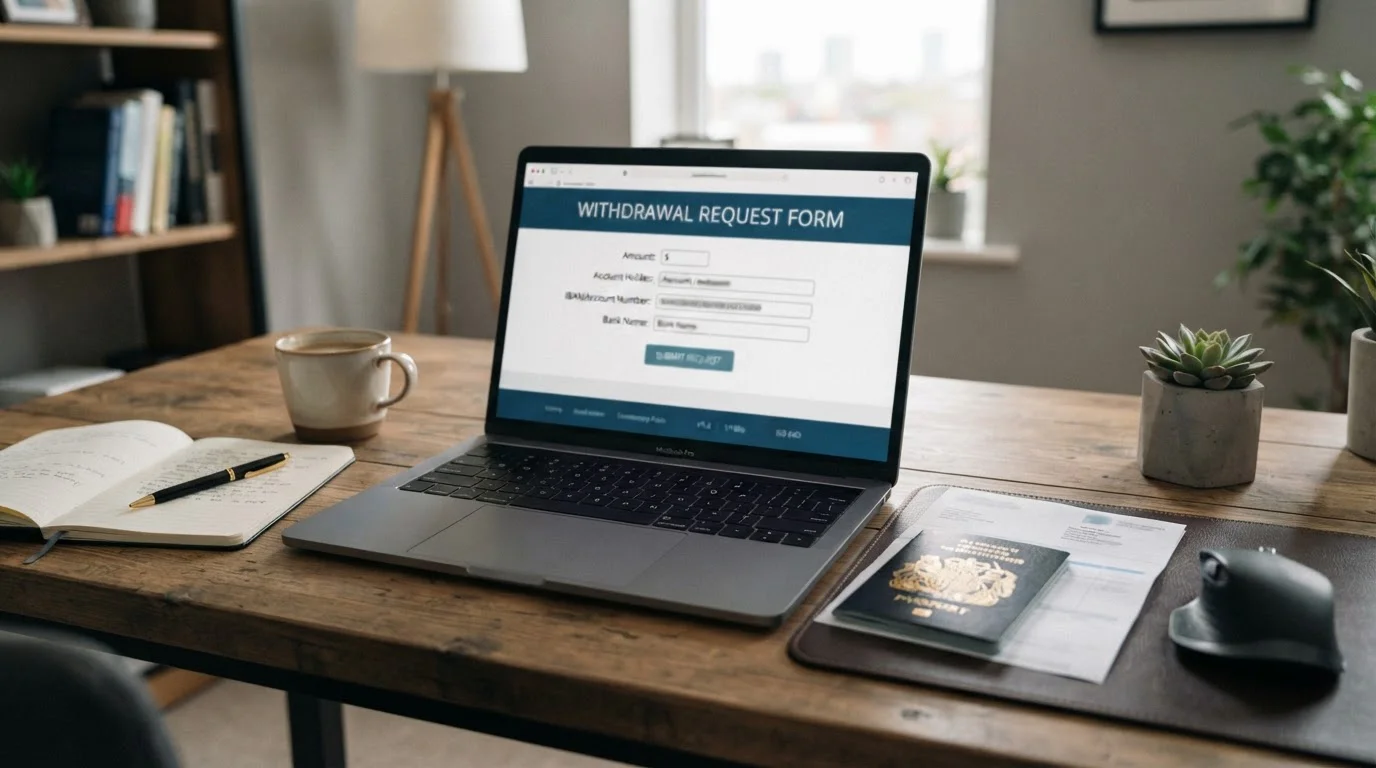 Solicitud de retiro de ganancias en criptomonedas con verificación de identidad