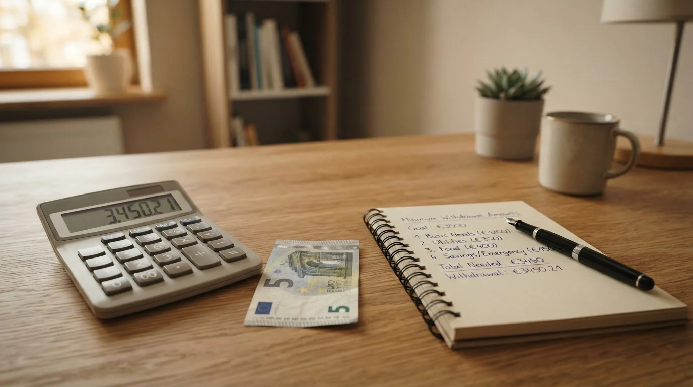 Calculadora junto a billete de 5 euros mostrando cálculo de retiro mínimo