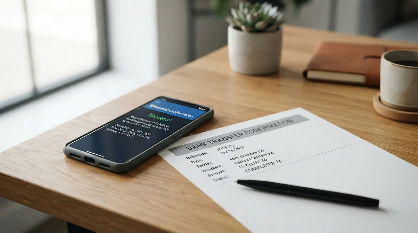 Teléfono inteligente mostrando pantalla de retiro junto a documento de transferencia bancaria