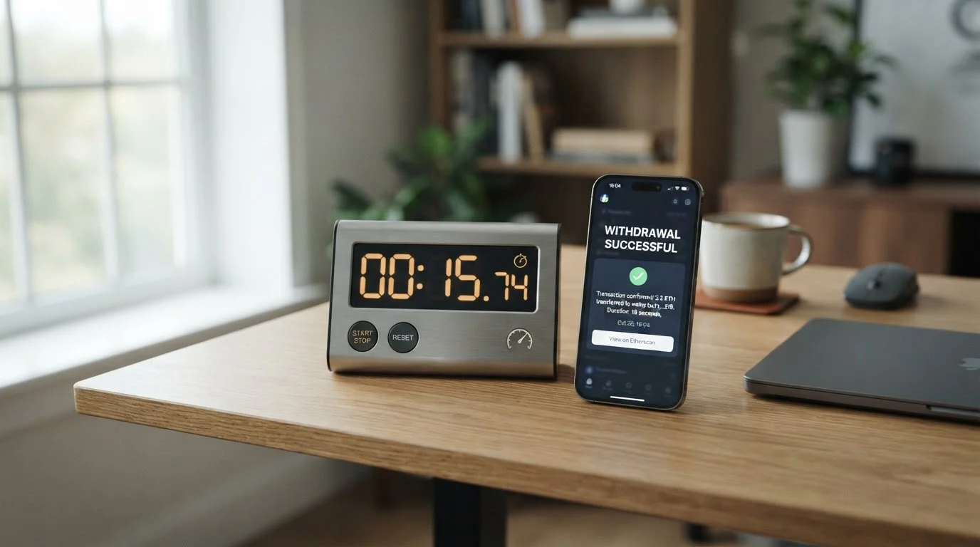 Cronómetro digital junto a teléfono inteligente mostrando notificación de retiro XRP completado