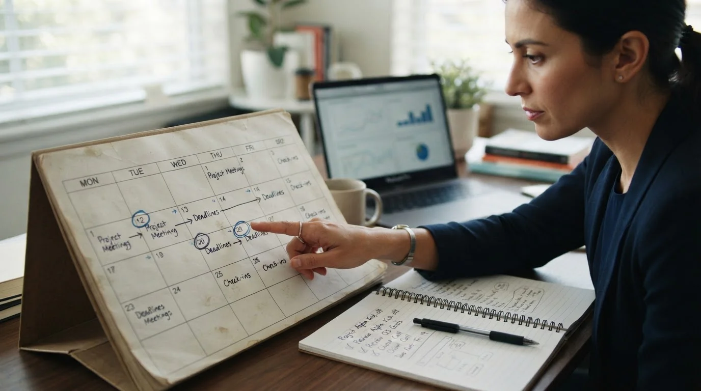 Calendario con fechas marcadas y flechas indicando plazos