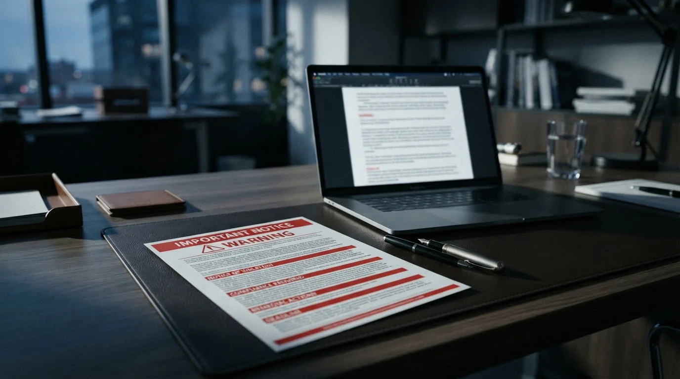 Documento de advertencia con acentos rojos sobre escritorio con portátil