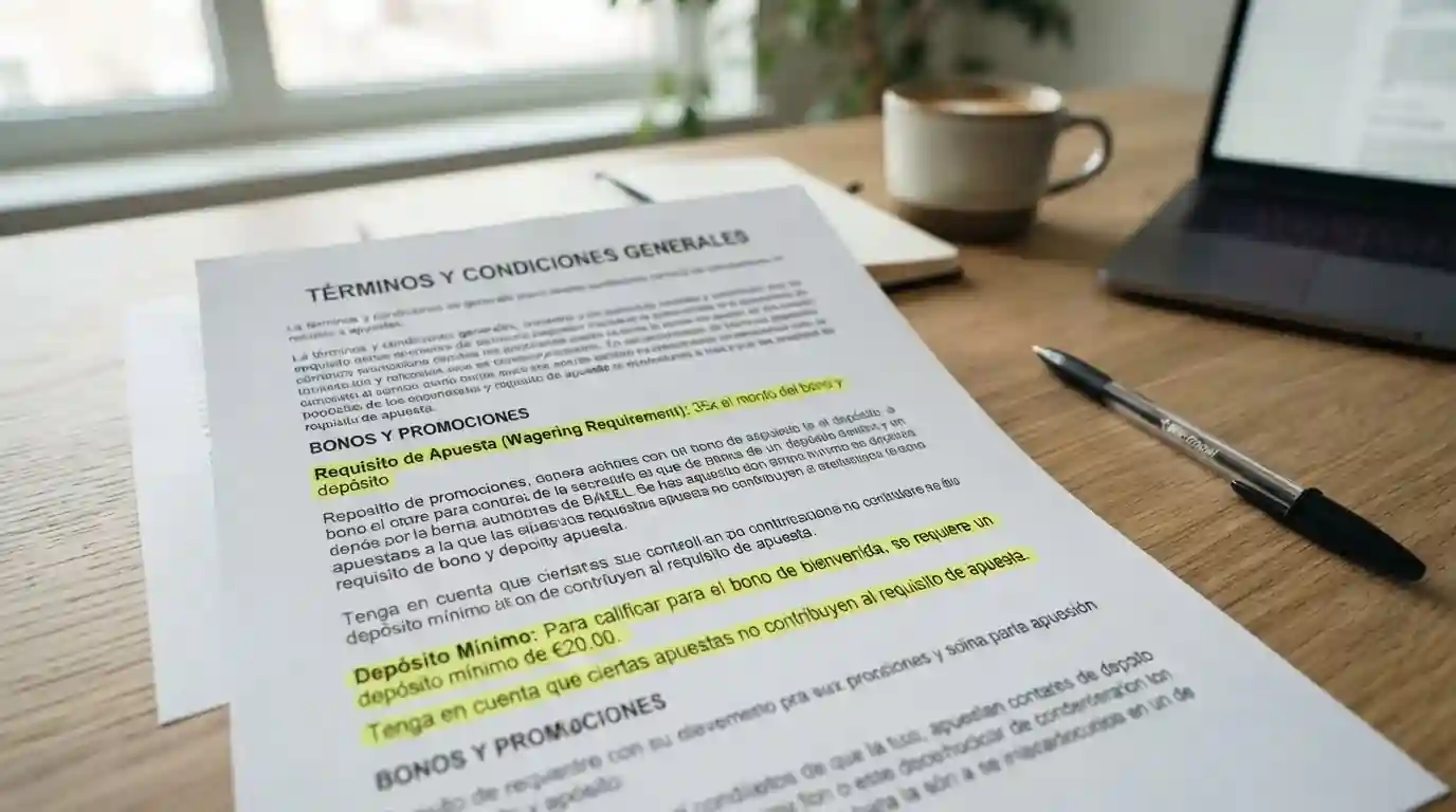 Documento con términos y condiciones de bono destacando rollover y depósito mínimo