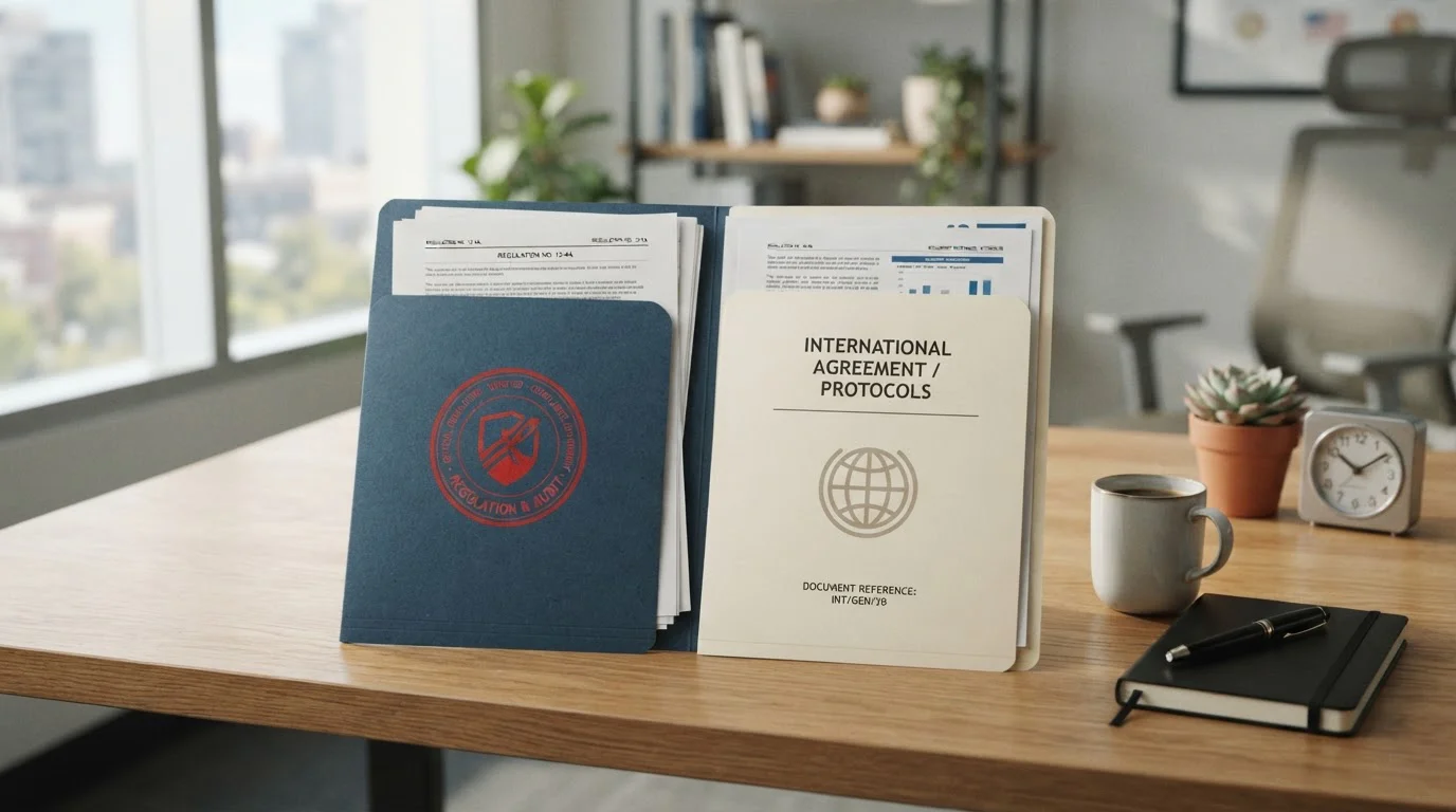 Escritorio de oficina con dos carpetas de documentos distintas, una con sello oficial y otra internacional