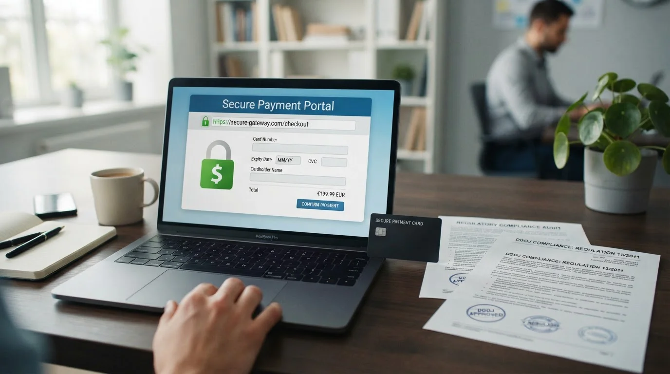 Laptop con interfaz de pago seguro, tarjeta y documentos de cumplimiento DGOJ