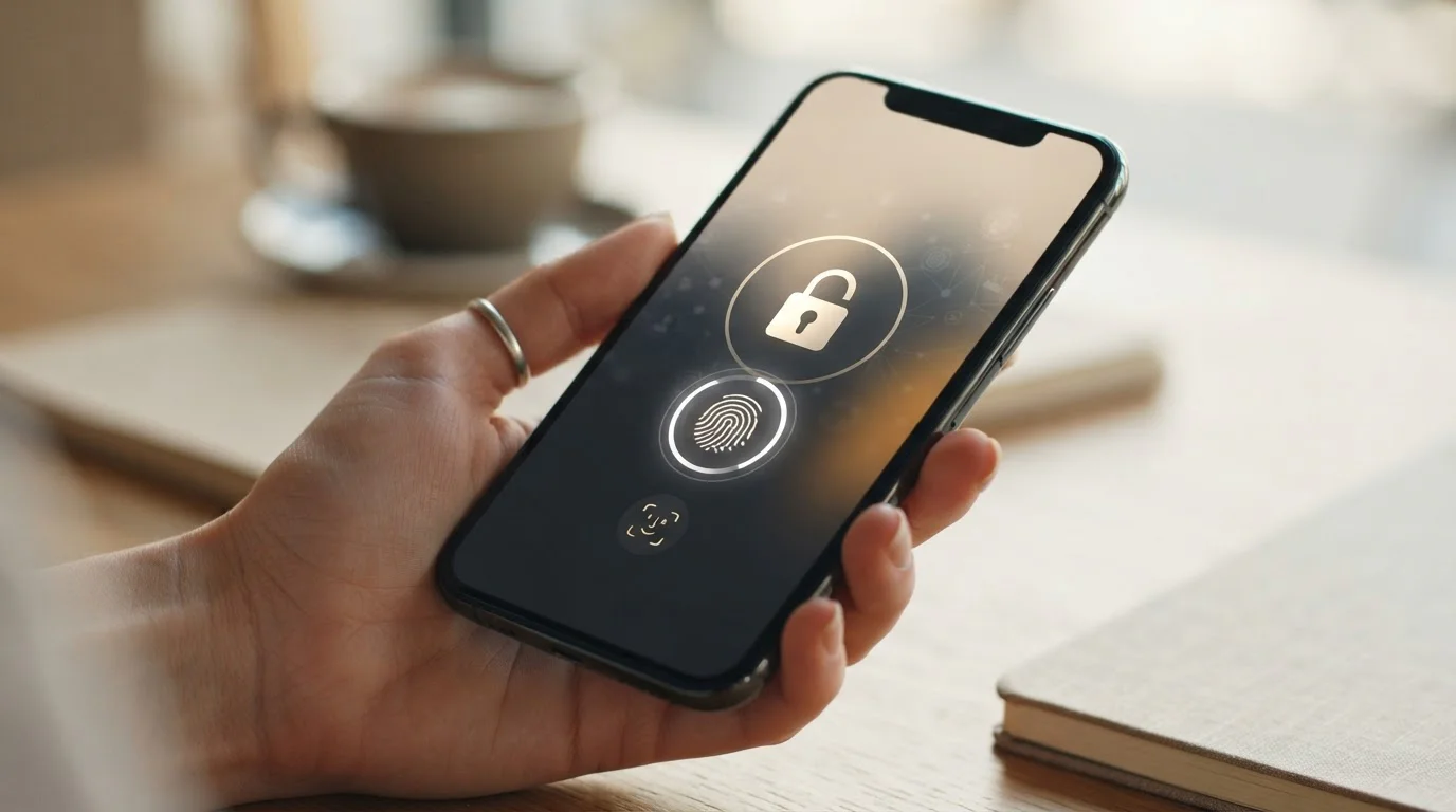 Teléfono inteligente con icono de candado y símbolo de autenticación biométrica en pantalla