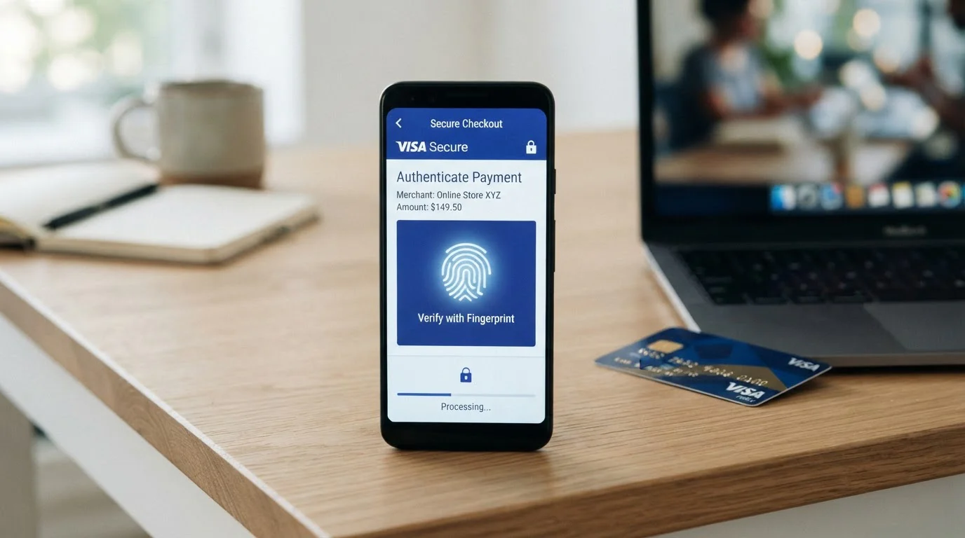 Candado digital y sello 3D Secure sobre tarjeta Visa en transacción de casino