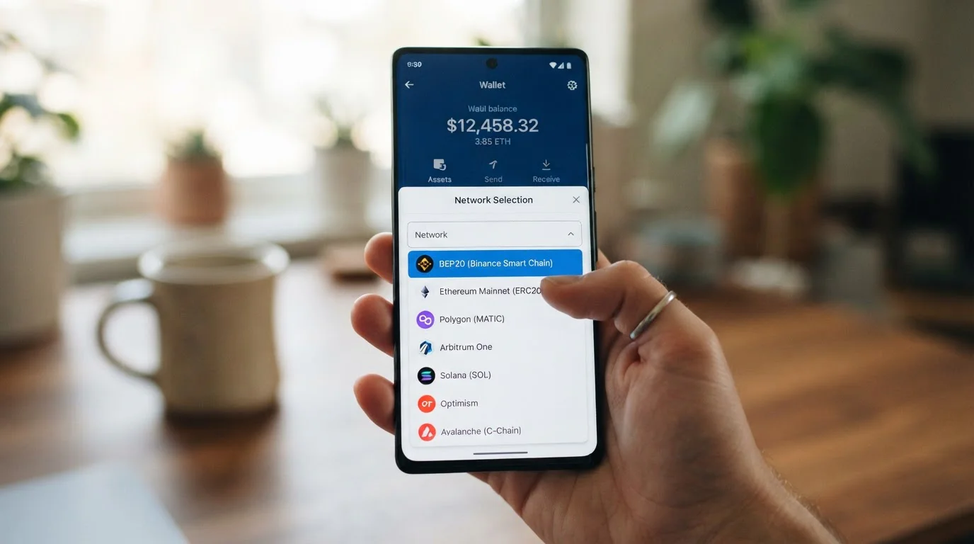 Interfaz de wallet cripto mostrando selección de red BEP20 para Binance Coin