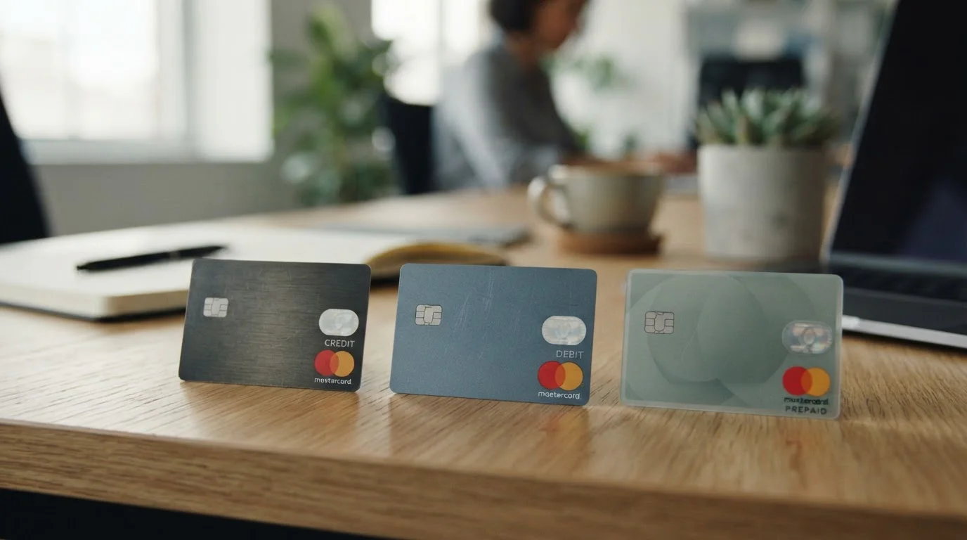 Tres tarjetas Mastercard diferentes sobre mesa mostrando tipos crédito débito y prepago