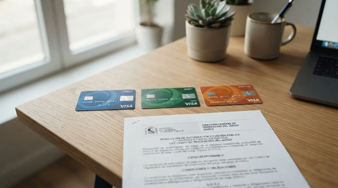 Tarjetas Visa de débito, crédito y prepago sobre mesa con documentos DGOJ