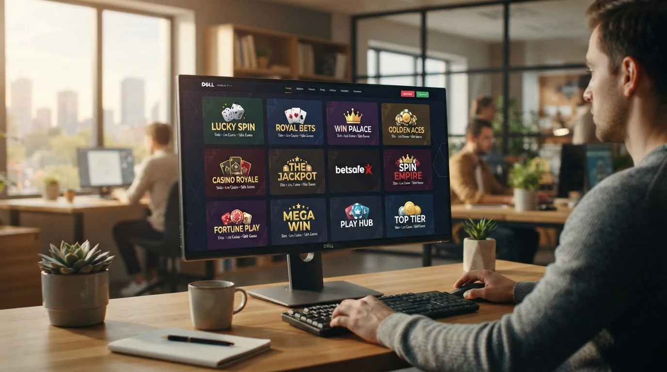 Vista de varios logos genéricos de casinos online en pantalla de ordenador con fondo de oficina profesional