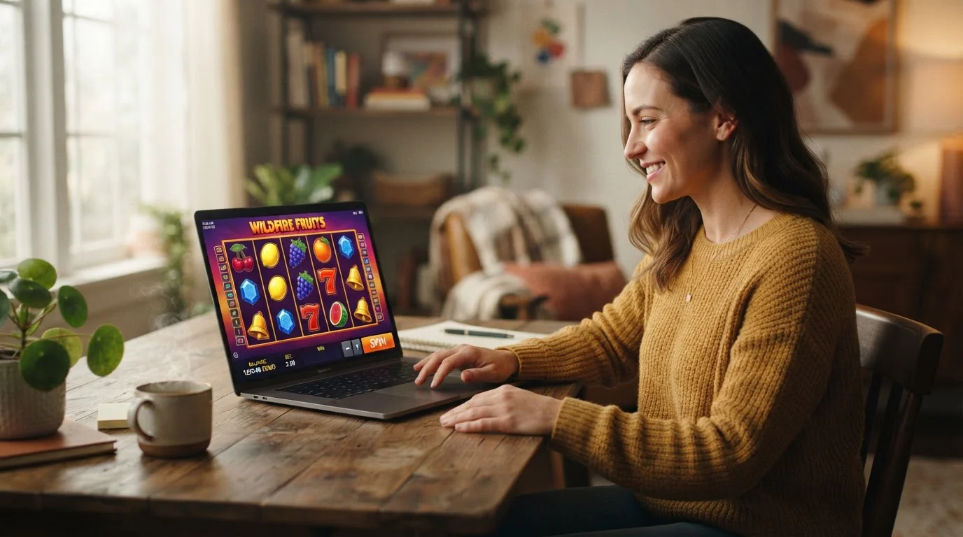 Persona frente a portátil con juego de tragaperras genérico mostrando símbolos coloridos en pantalla
