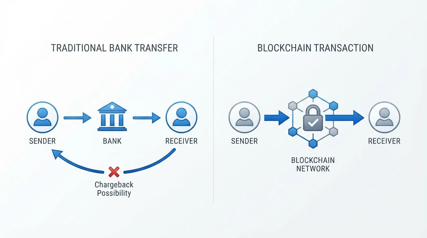 Diagrama de flujo mostrando comparación entre transacción bancaria reversible y transacción blockchain irreversible