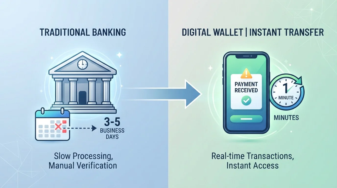 Comparación visual entre transferencia bancaria tardando días y monedero electrónico en minutos