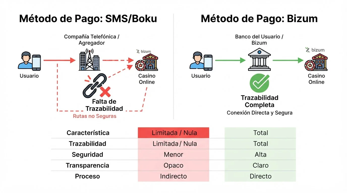Diagrama comparativo del flujo de trazabilidad bancaria entre SMS Boku y Bizum en casinos