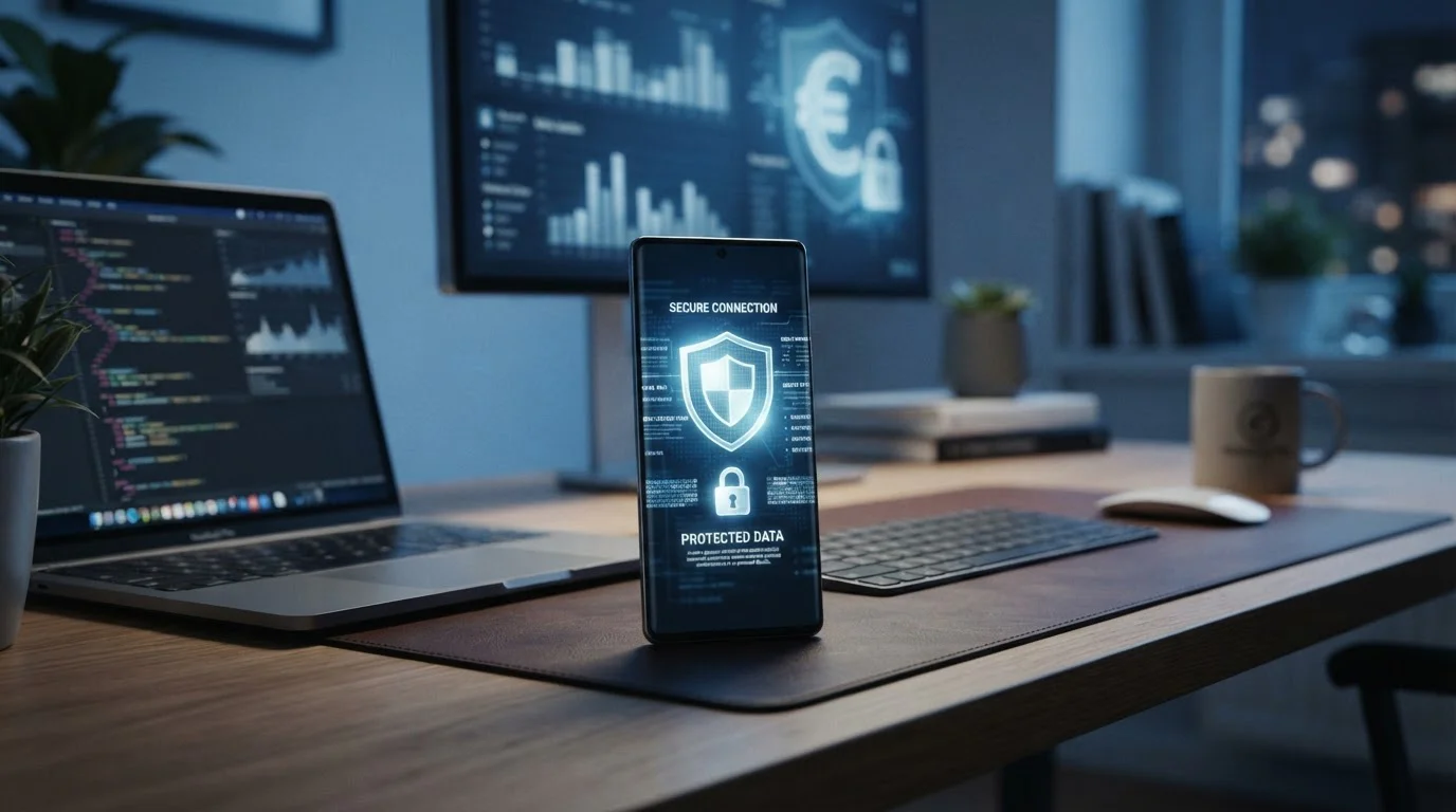 Teléfono inteligente con icono de escudo de seguridad en pantalla, símbolo de candado y euro en fondo, portátil parcialmente visible