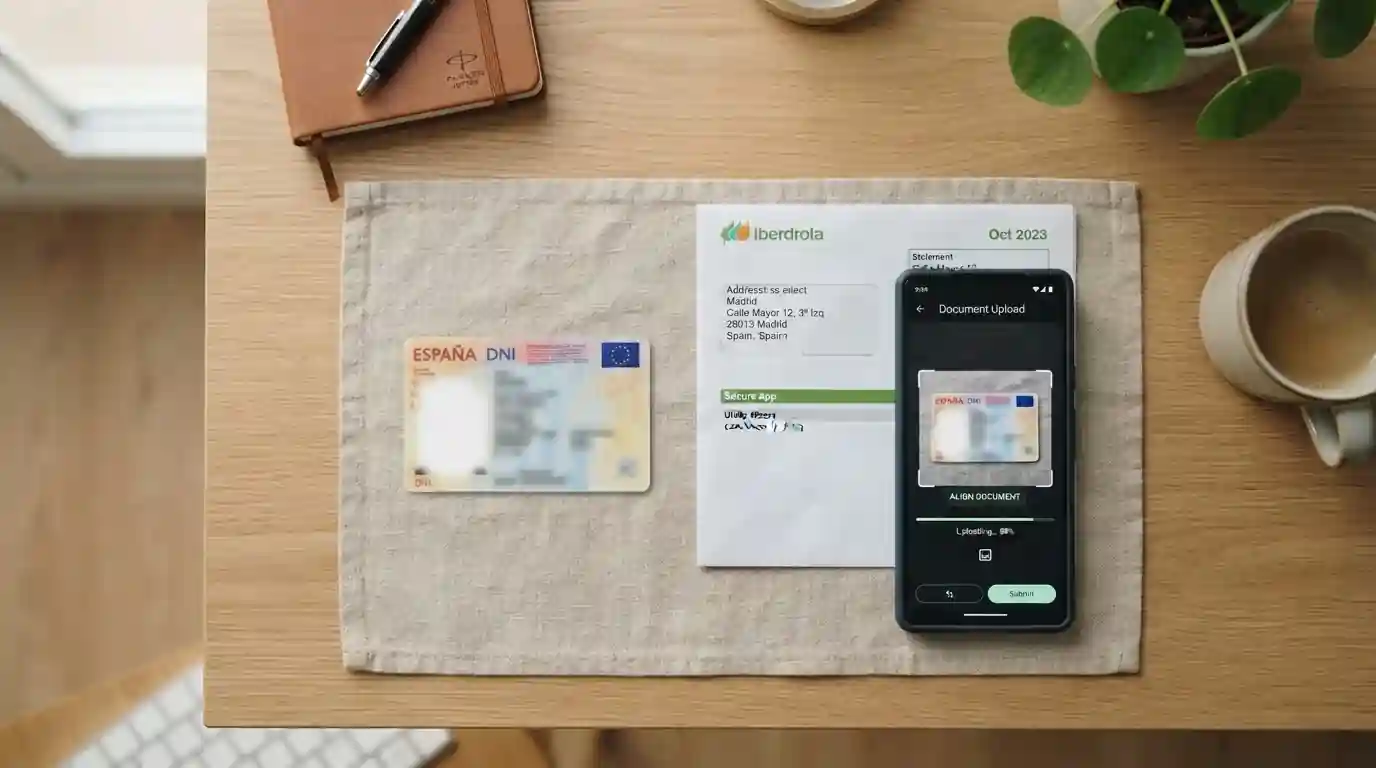 Documentos DNI y comprobante de domicilio sobre escritorio con teléfono inteligente