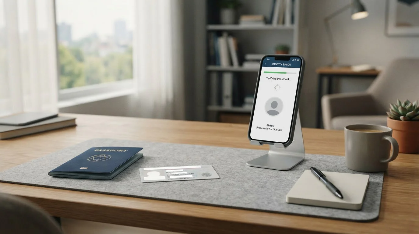 Documentos de verificación KYC sobre escritorio con teléfono inteligente