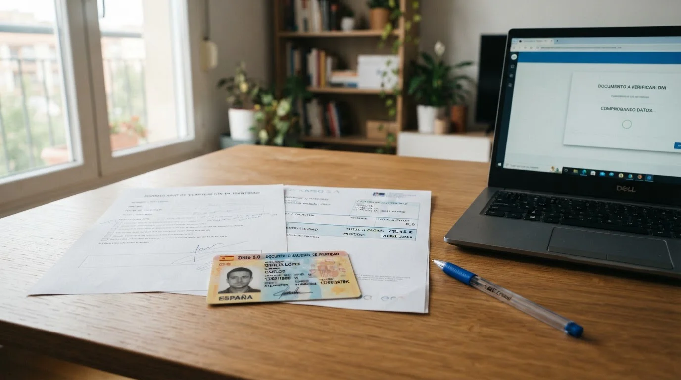 DNI español y factura de servicios sobre escritorio junto a formulario de verificación