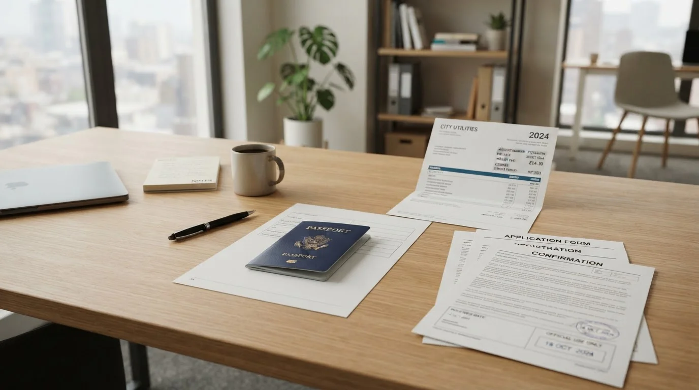 Documentos DNI pasaporte y comprobante de domicilio sobre escritorio para verificación KYC