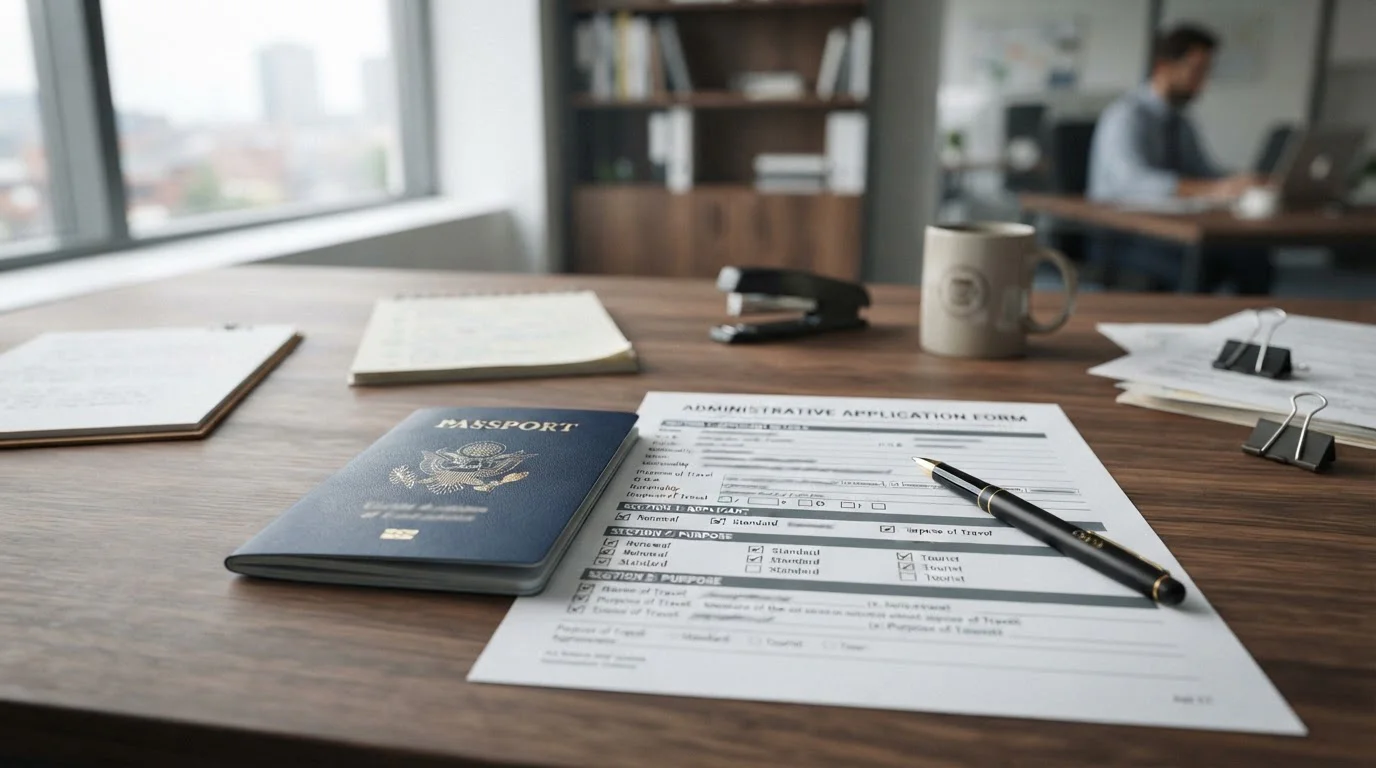 Documentos de identidad y formularios oficiales sobre escritorio