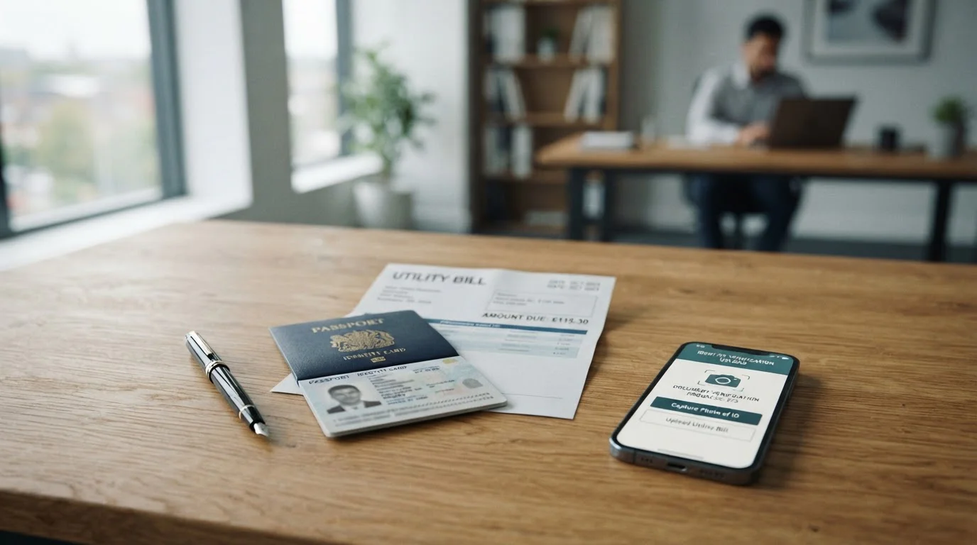 Documentos de verificación KYC sobre escritorio junto a teléfono inteligente con aplicación de casino