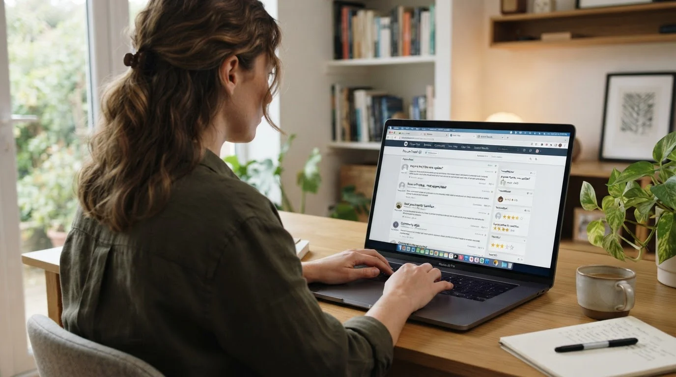 Persona revisando foros y reviews de casinos online en portátil