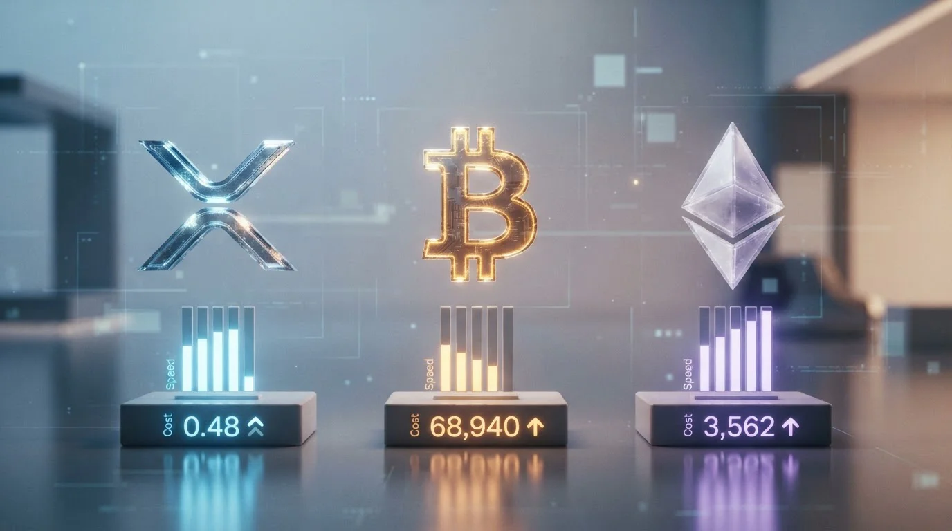Gráfico comparativo de velocidad y comisiones entre XRP, Bitcoin y Ethereum